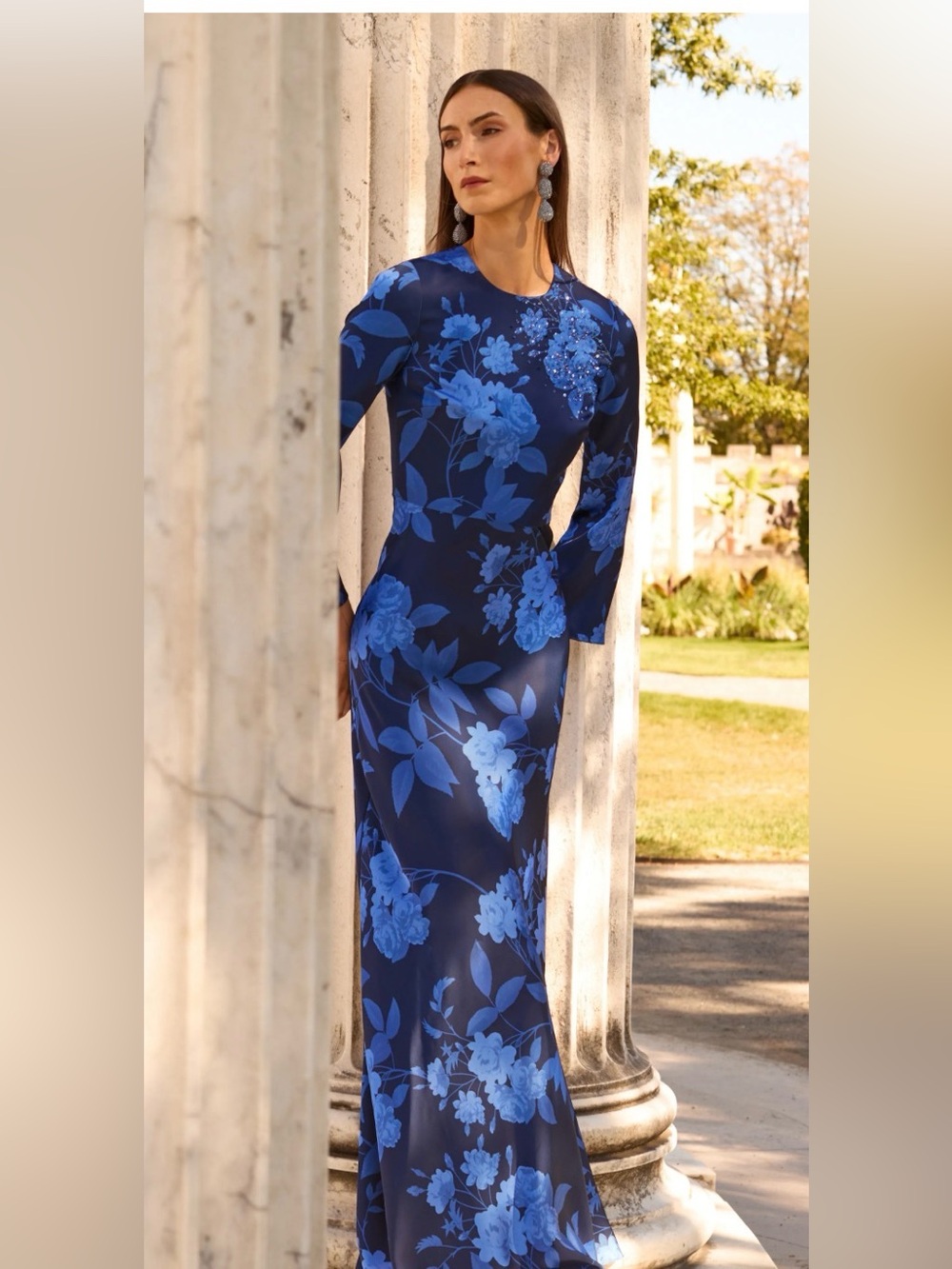 Sachin Babi Alex crystal Derail floral long sleeve satin crepe gown